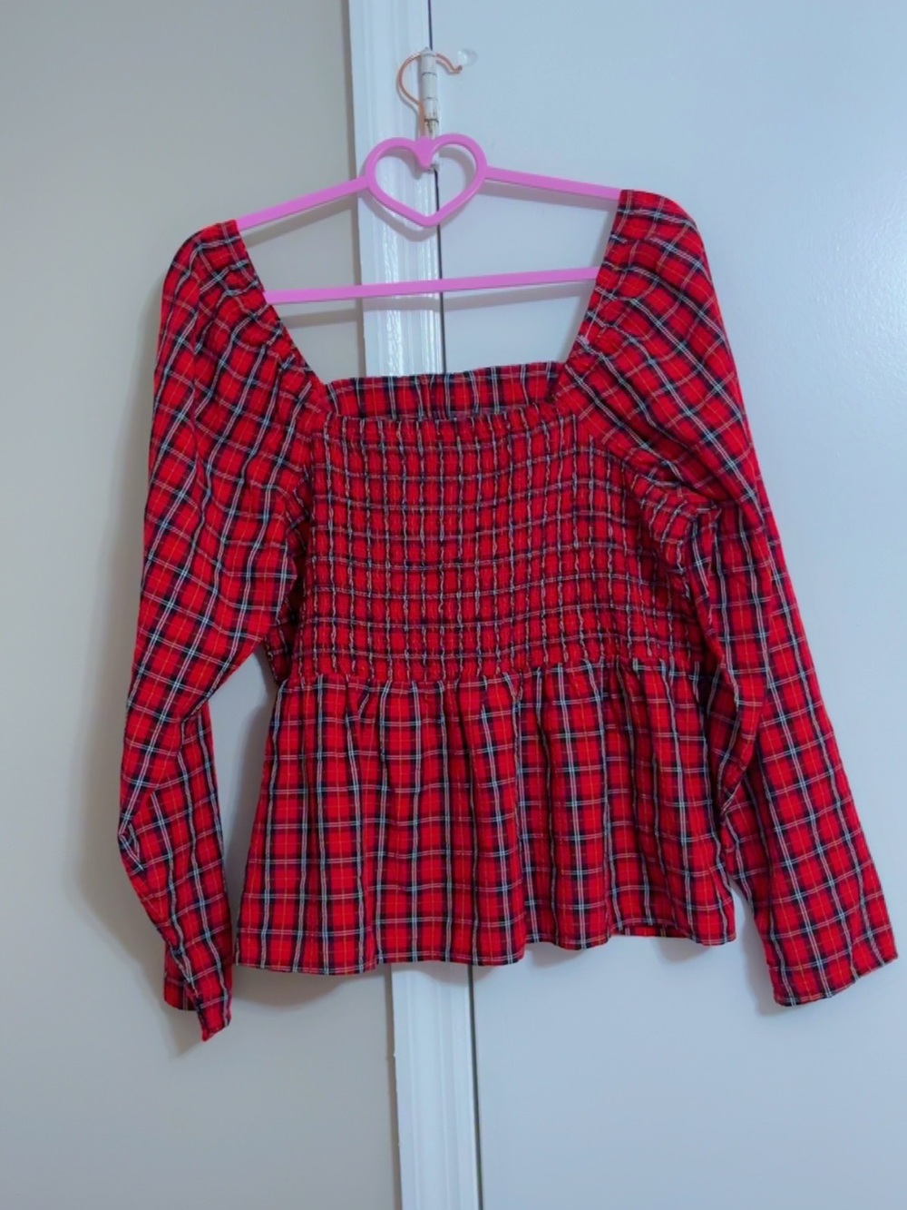 Old Navy Red Plaid Smocked Long-Sleeve Top